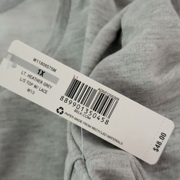 𝅺new Directions Gray Lace Bottom French Terry Long Sleeve Top Plus Size 1X NWT - Picture 8 of 8